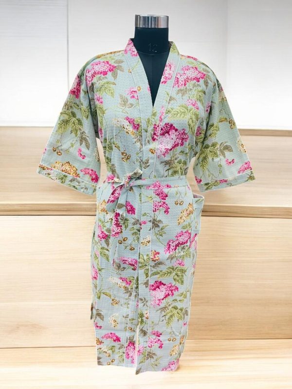 Hand block print Waffle Fabric Bathrobe For Women - Image 5