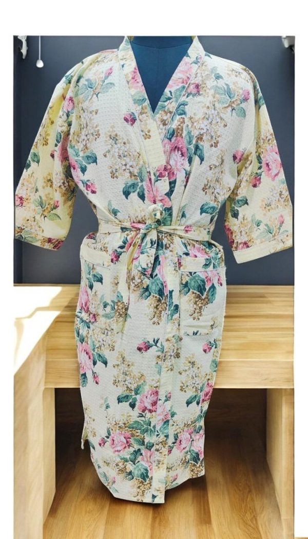 Hand block print Waffle Fabric Bathrobe For Women - Image 3