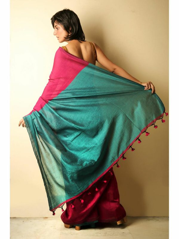 SAREE :Handloom Khadi Cotton Plain  Saree with Contrast Pallu blouse - Image 7