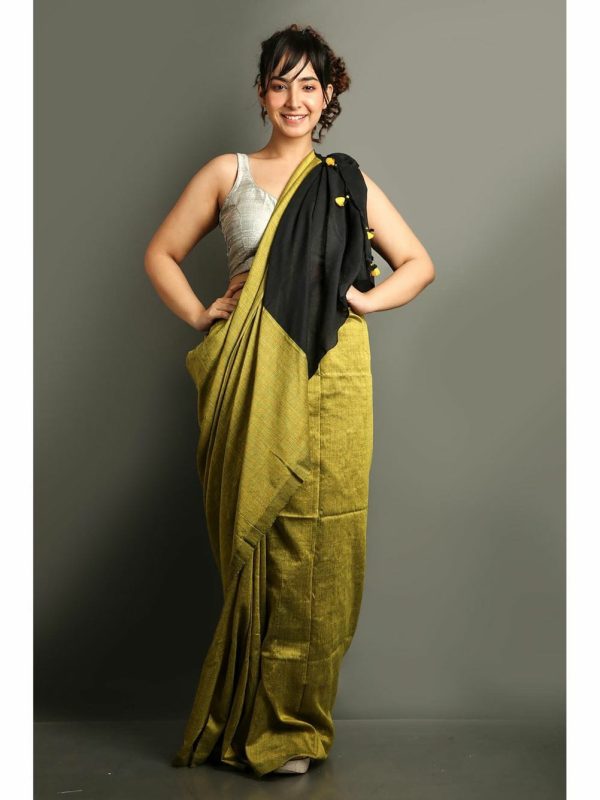SAREE :Handloom Khadi Cotton Plain  Saree with Contrast Pallu blouse - Image 6