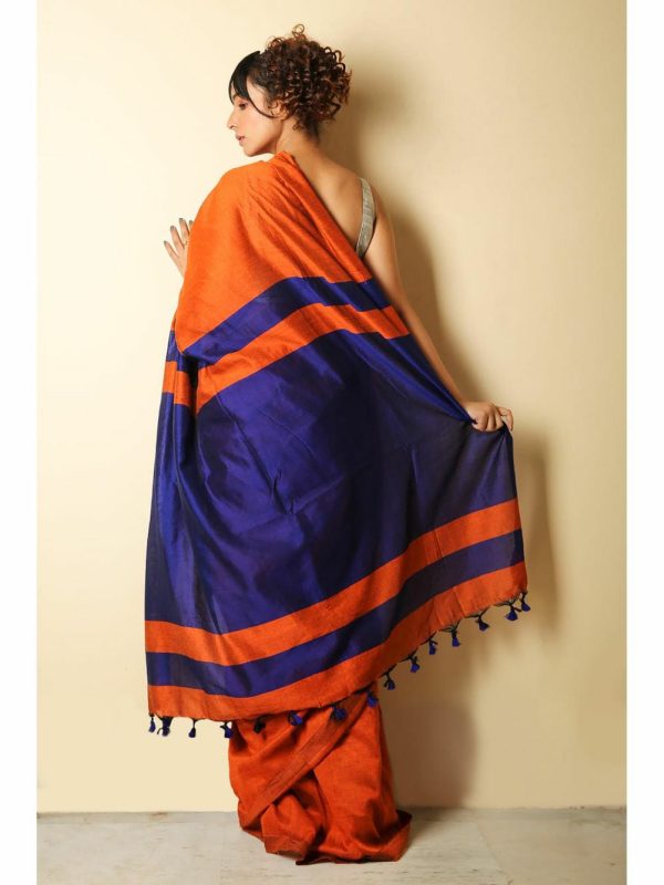 SAREE :Handloom Khadi Cotton Plain  Saree with Contrast Pallu blouse - Image 9