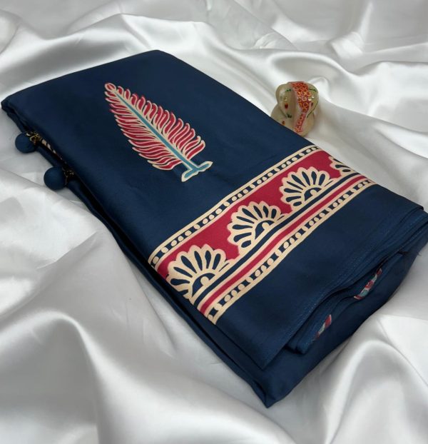 Saki Collection : Blue Ajrakh Printed Satin Crepe Saree - Image 2
