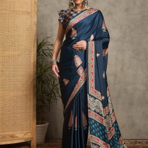 Saki Collection : Blue Ajrakh Printed Satin Crepe Saree