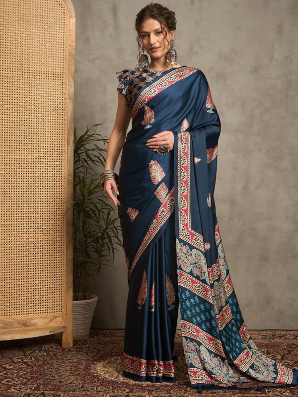 Saki Collection : Blue Ajrakh Printed Satin Crepe Saree