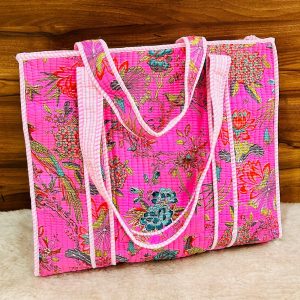 Bright Pink Tropical Birds Hand‑Block Printed Quilted Tote Bag with Zip