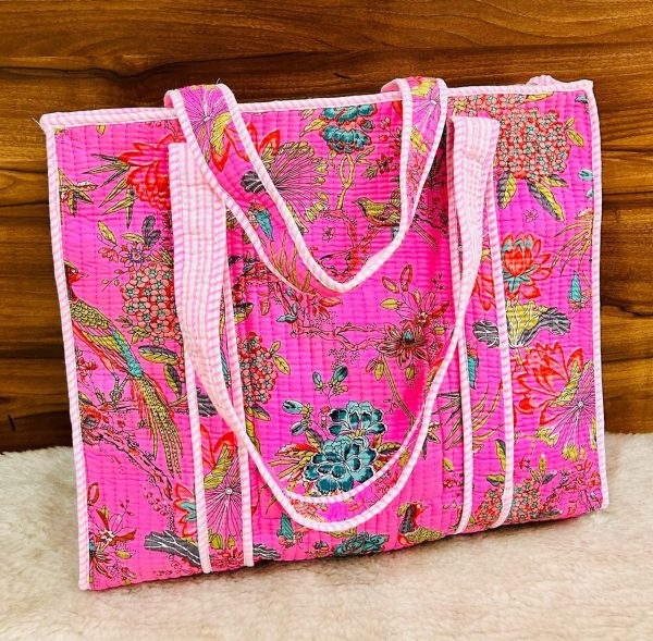 Black & White Crane Print Hand‑Block Printed Quilted Tote Bag with Zip - Image 4