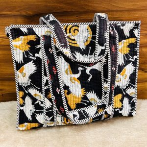 Black & White Crane Print Hand‑Block Printed Quilted Tote Bag with Zip
