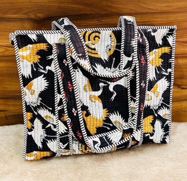 Black & White Crane Print Hand‑Block Printed Quilted Tote Bag with Zip