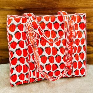 White & Red Strawberry Hand‑Block Printed Quilted Tote Bag with Zip