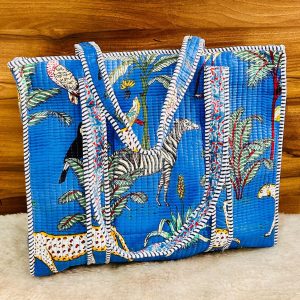 Blue Jungle Safari Hand‑Block Printed Quilted Tote Bag with Zip