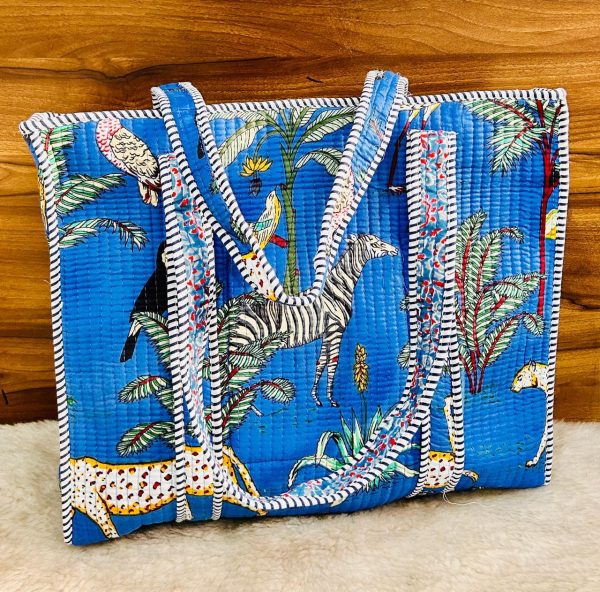 Black & White Crane Print Hand‑Block Printed Quilted Tote Bag with Zip - Image 2