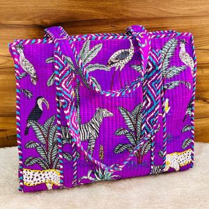 Purple Jungle Safari Hand‑Block Printed Quilted Tote Bag with Zip