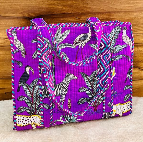 Purple Jungle Safari Hand‑Block Printed Quilted Tote Bag with Zip