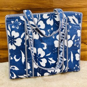 Navy Blue & White Hibiscus Hand‑Block Printed Quilted Tote Bag with Zip