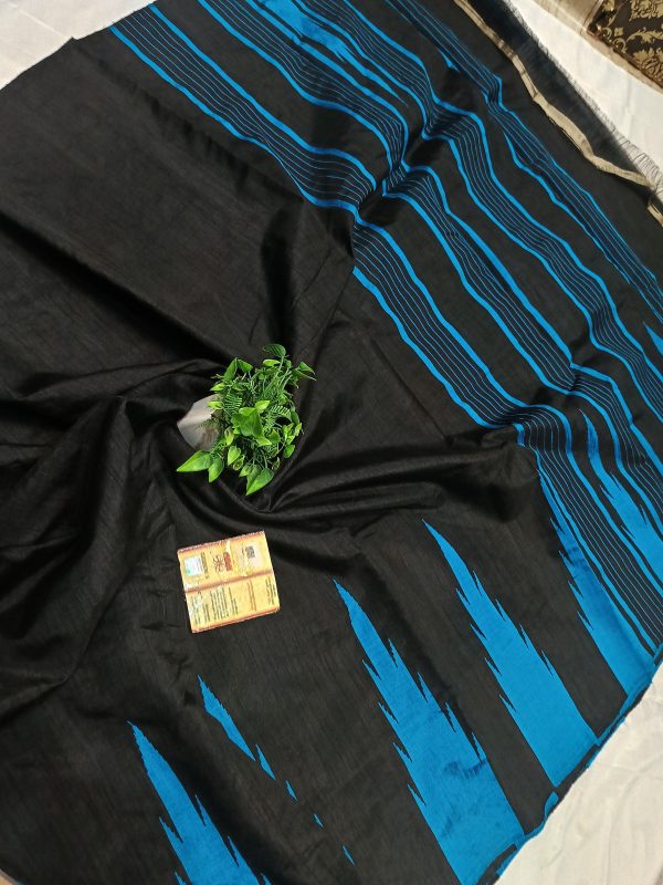 Gauri collection: Black & Blue Handcrafted Raw Silk Saree with Temple Border
