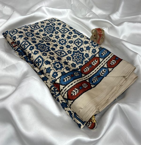 Saki :  Off white Ajrakh Printed Satin Crepe Saree - Image 2