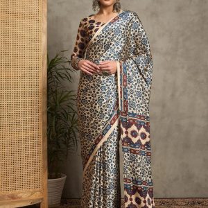 Saki :  Off white Ajrakh Printed Satin Crepe Saree