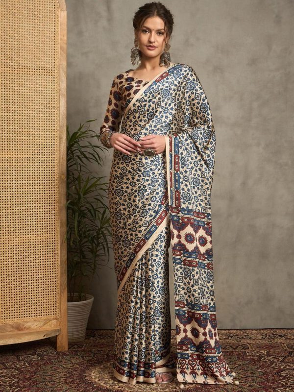 Saki :  Off white Ajrakh Printed Satin Crepe Saree