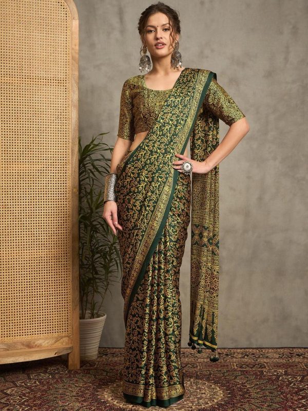 Saki Collection : Olive Green Ajrakh Printed Satin Crepe Saree