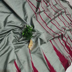 Gauri collection:  Greyish Silver & Mahroon Handcrafted Raw Silk Saree with Temple Border
