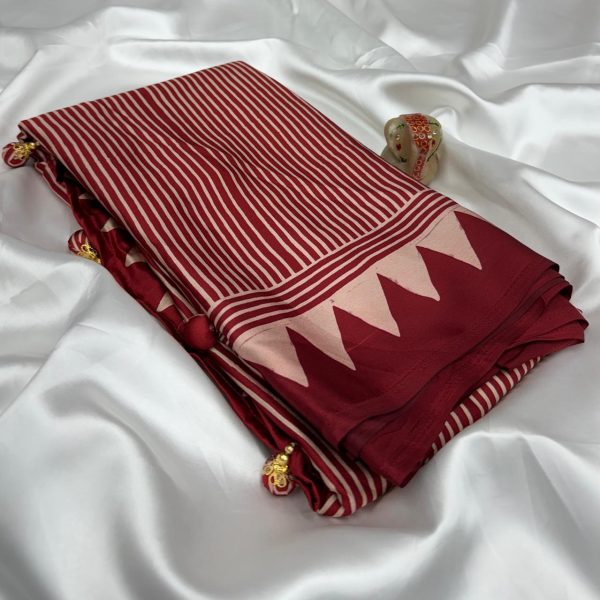 Saki Collection : Red & Cream Ajrakh Printed Satin Crepe Saree - Image 2