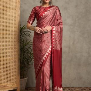 Saki Collection : Red & Cream Ajrakh Printed Satin Crepe Saree