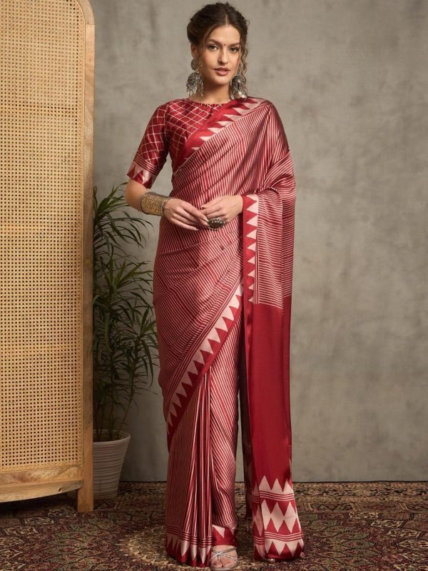 Saki Collection : Red & Cream Ajrakh Printed Satin Crepe Saree