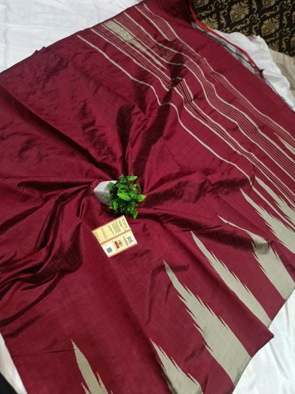 Gauri collection: Mahroon & Silverish Handcrafted Raw Silk Saree with Temple Border