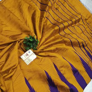 Gauri collection: Mustard Yellow & Purple handcrafted Raw Silk Saree with Temple Border