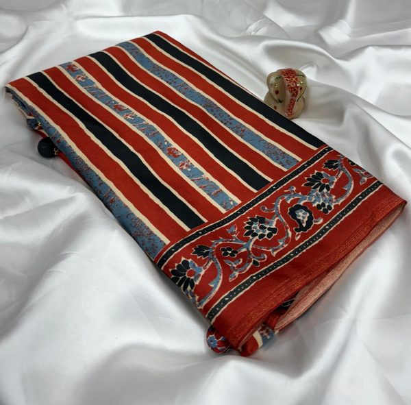 Saki Collection : Ajrakh Printed Satin Crepe Saree - Image 2