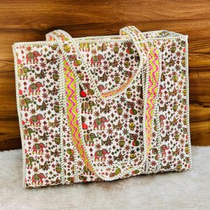 Pastel Garden Paisley Hand‑Block Printed Quilted Tote Bag with Zip