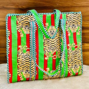 Peach Meadow Leopard Hand‑Block Printed Quilted Tote Bag with Zip