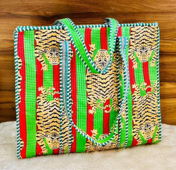 Peach Meadow Leopard Hand‑Block Printed Quilted Tote Bag with Zip