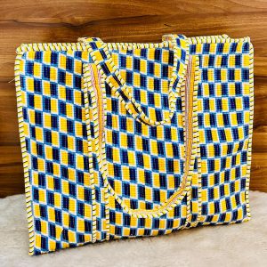 Black & Yellow Pattern Print Hand‑Block Printed Quilted Tote Bag with Zip