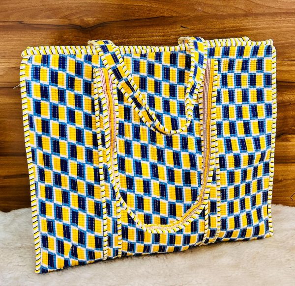 Black & Yellow Pattern Print Hand‑Block Printed Quilted Tote Bag with Zip