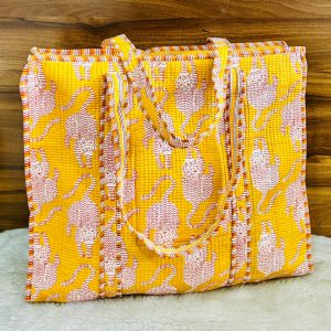 Sunshine Yellow Tigers Hand‑Block Printed Quilted Tote Bag with Zip