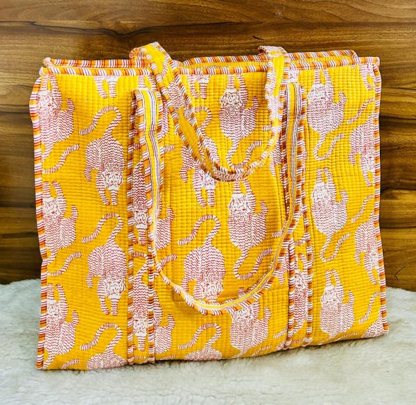 Sunshine Yellow Tigers Hand‑Block Printed Quilted Tote Bag with Zip