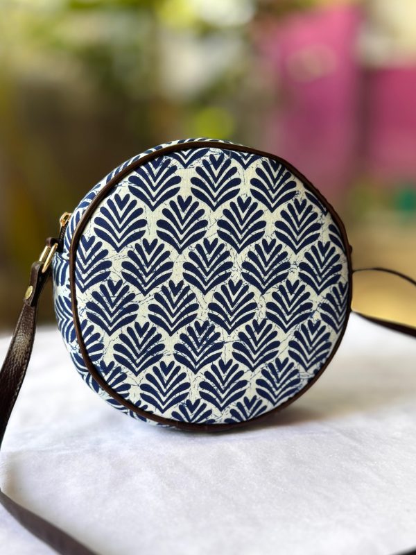 Indigo Blue Round Sling Bag – Intricate Peacock & Floral Hand-Block Print - Image 2