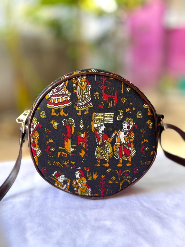 Indigo Blue Round Sling Bag – Intricate Peacock & Floral Hand-Block Print - Image 7