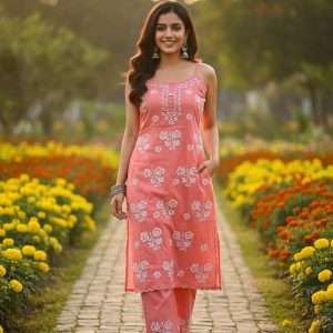 Narangi Chikankari Collection : Peach Noddles Kurti & Palazzo set
