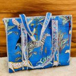 Blue Jungle Safari Hand‑Block Printed Quilted Tote Bag with Zip