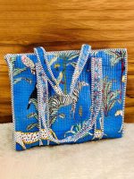 Black & White Crane Print Hand‑Block Printed Quilted Tote Bag with Zip - Image 2