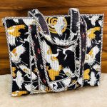Black & White Crane Print Hand‑Block Printed Quilted Tote Bag with Zip