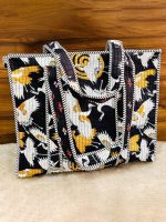 Black & White Crane Print Hand‑Block Printed Quilted Tote Bag with Zip