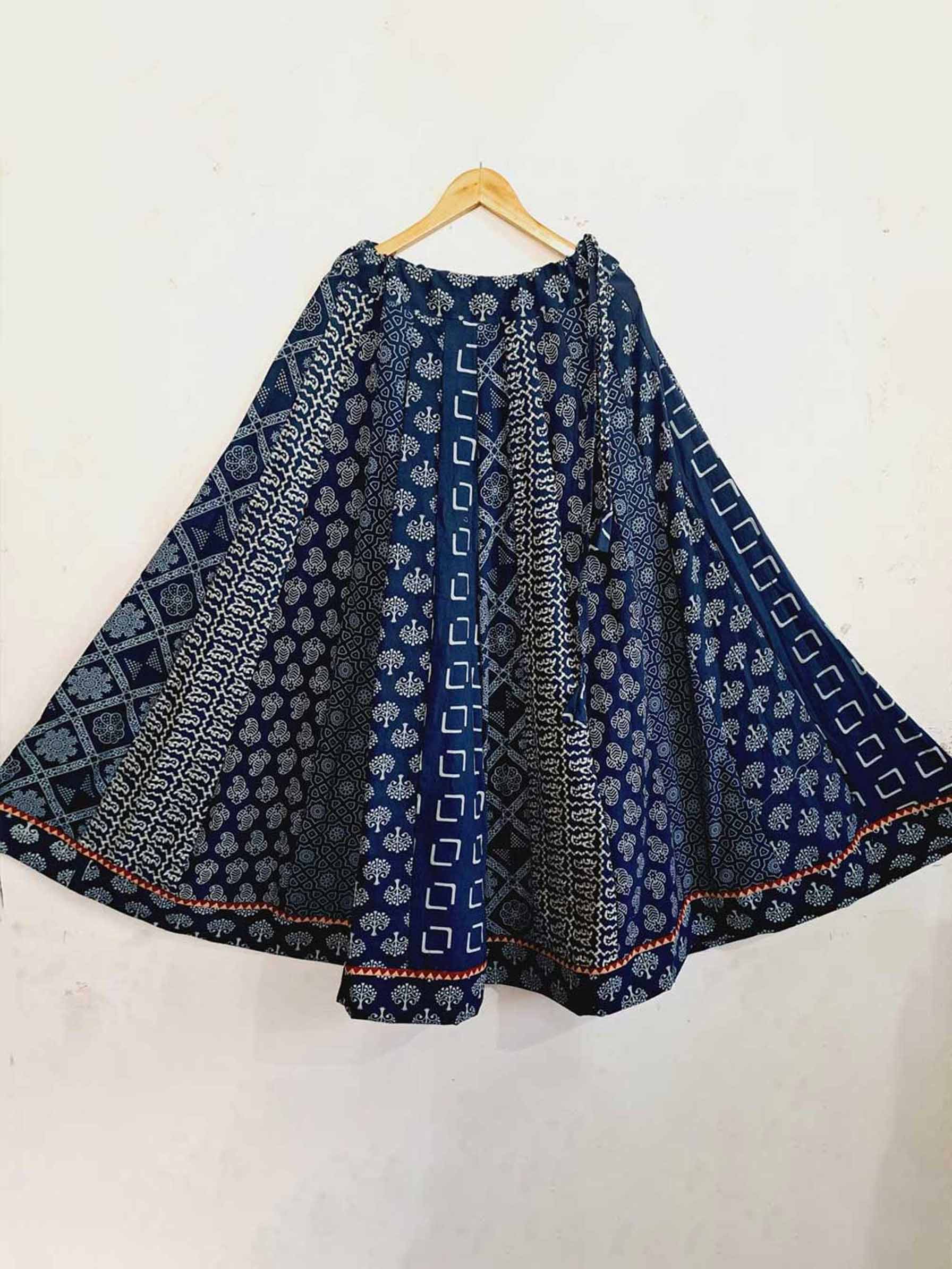 Indigo Ajrakh Handblock Print Kalidar Skirt