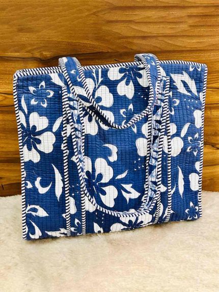Navy Blue & White Hibiscus Hand‑Block Printed Quilted Tote Bag with Zip