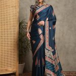 Saki Collection : Blue Ajrakh Printed Satin Crepe Saree