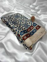 Saki :  Off white Ajrakh Printed Satin Crepe Saree - Image 2