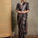 Saki Collection : Black Block Ajrakh Printed Satin Crepe Saree