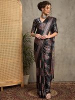Saki Collection : Black Block Ajrakh Printed Satin Crepe Saree